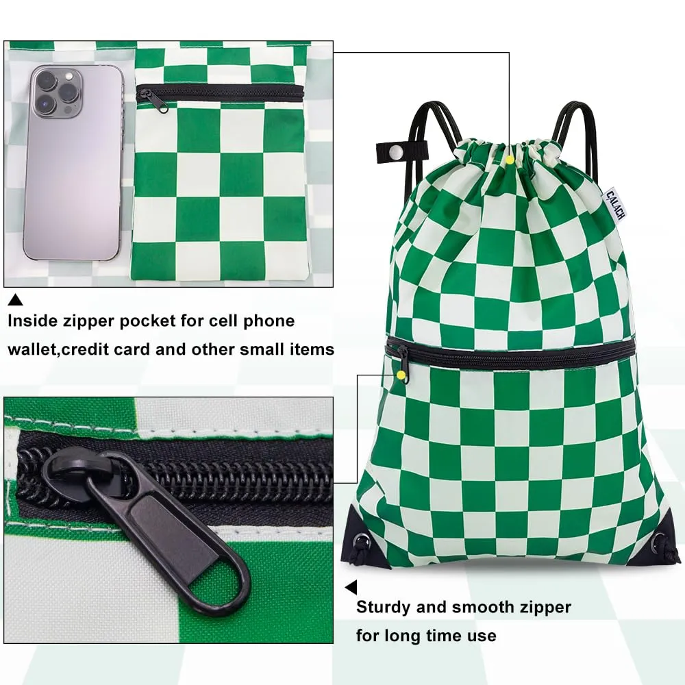 CALACH Drawstring Backpack Bag Sport Gym Sackpack White and Green Grid HLC001