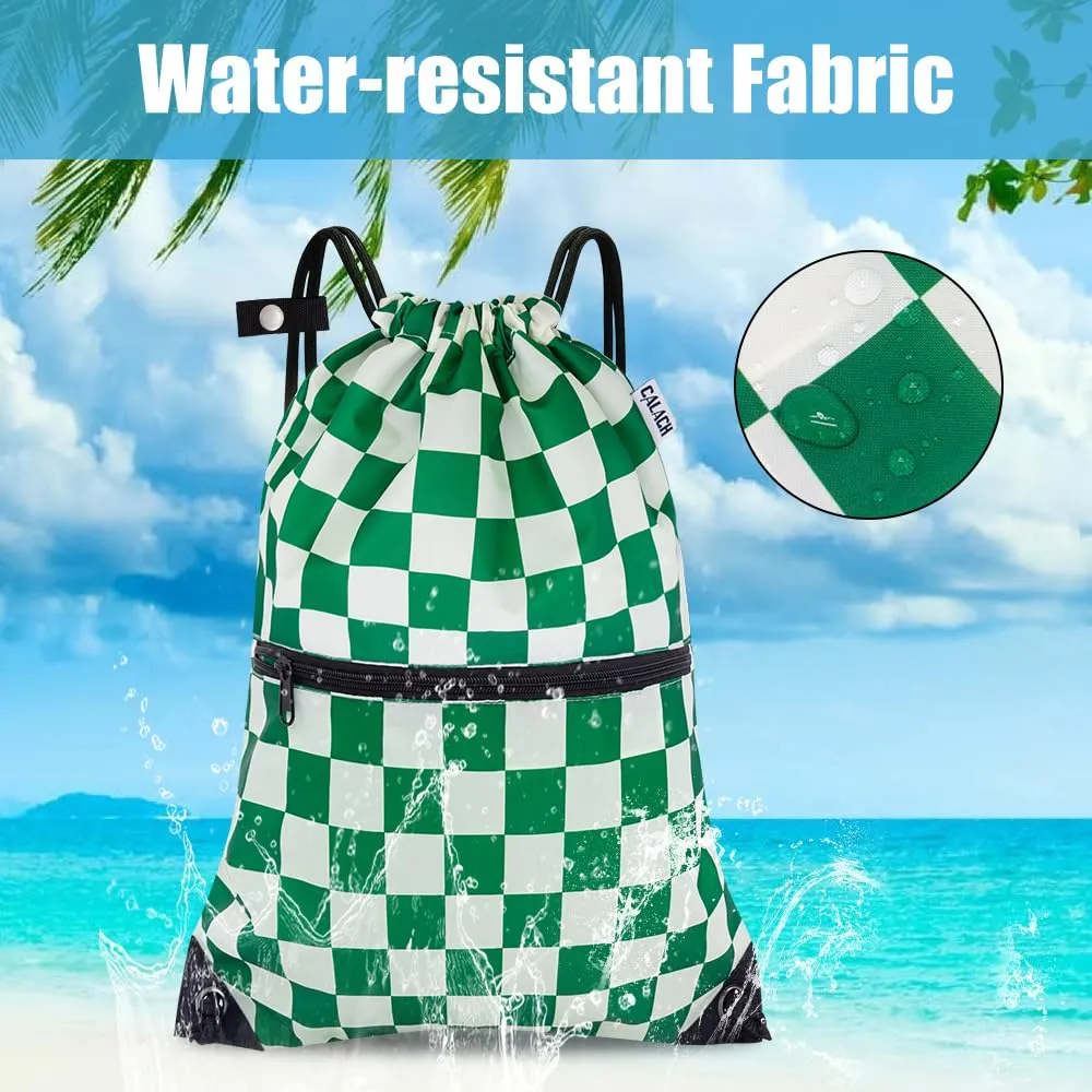 CALACH Drawstring Backpack Bag Sport Gym Sackpack White and Green Grid HLC001