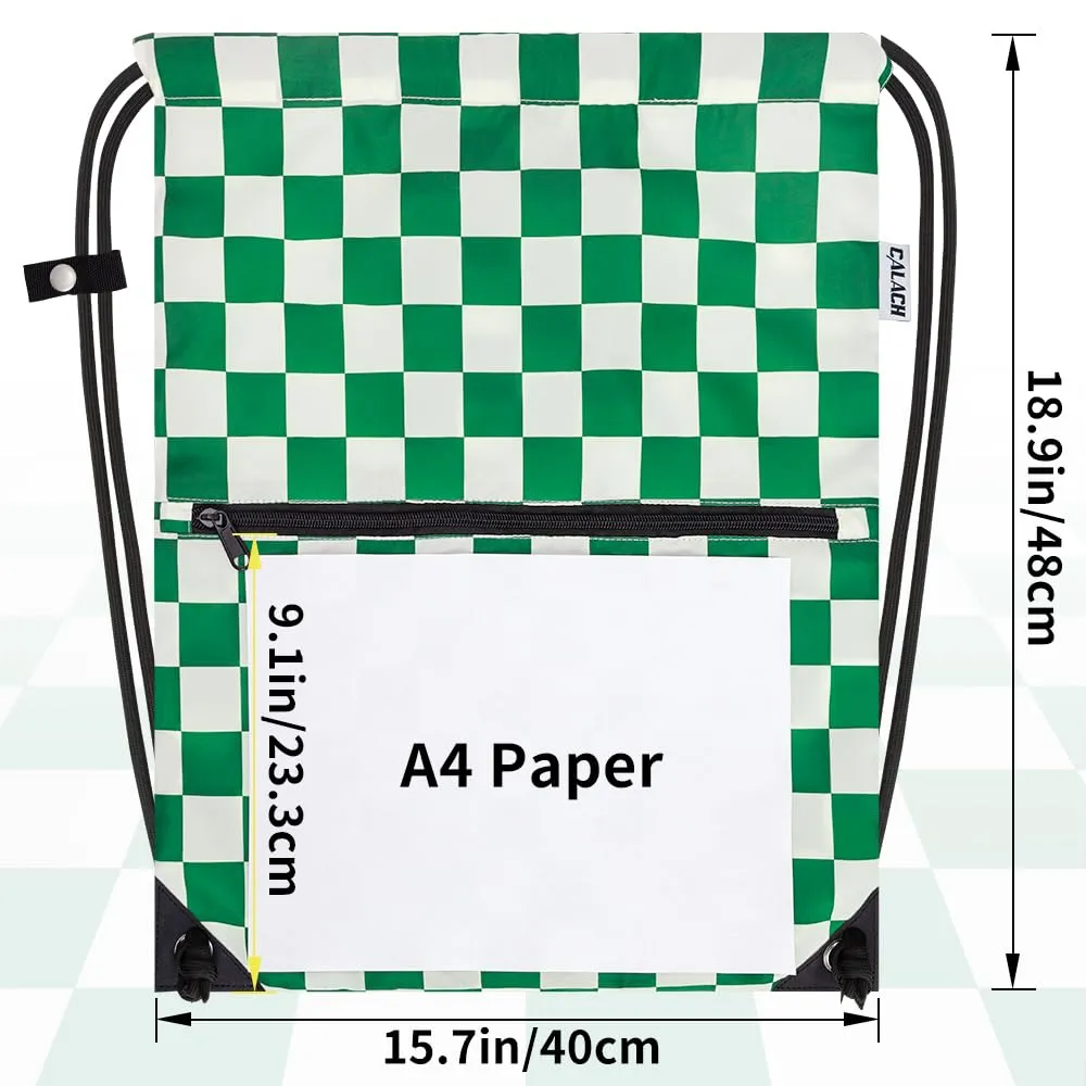 CALACH Drawstring Backpack Bag Sport Gym Sackpack White and Green Grid HLC001