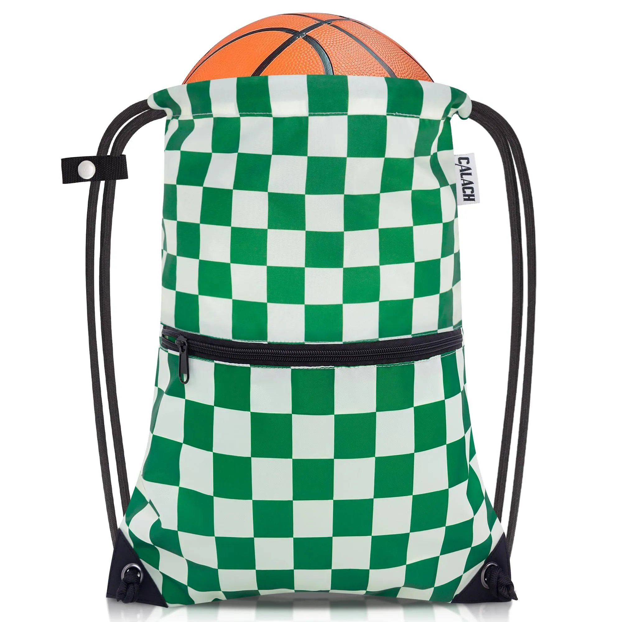 CALACH Drawstring Backpack Bag Sport Gym Sackpack White and Green Grid HLC001