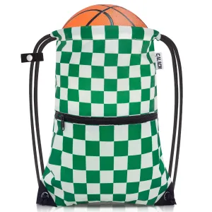 CALACH Drawstring Backpack Bag Sport Gym Sackpack White and Green Grid HLC001