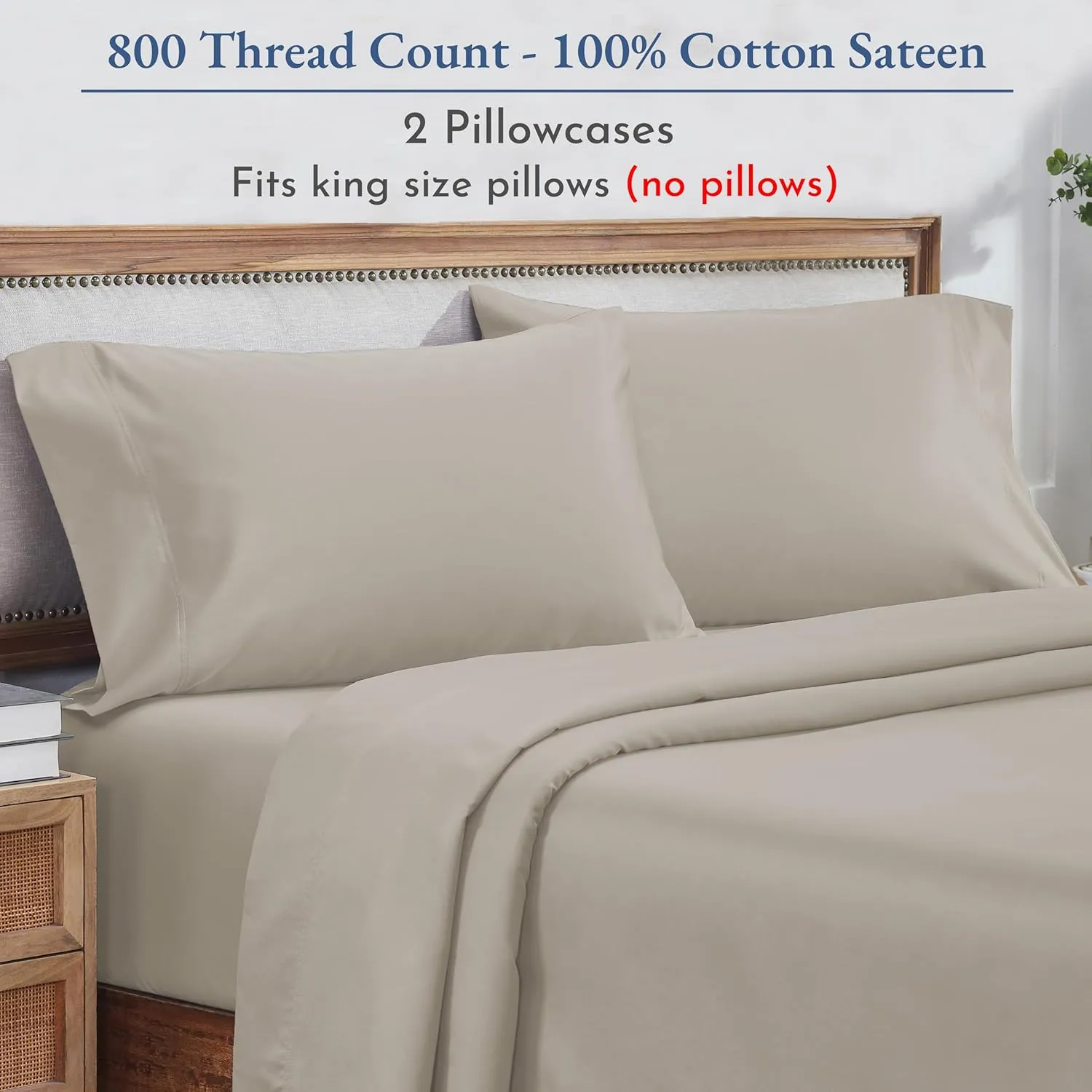 California Design Den 100% Cotton King Pillow Cases Set of 2, 800 Thread Count, Soft and Cool Pillow Cases Sateen, Fits King Size Pillows, Softer Than Egyptian Cotton Pillowcases (Beige)