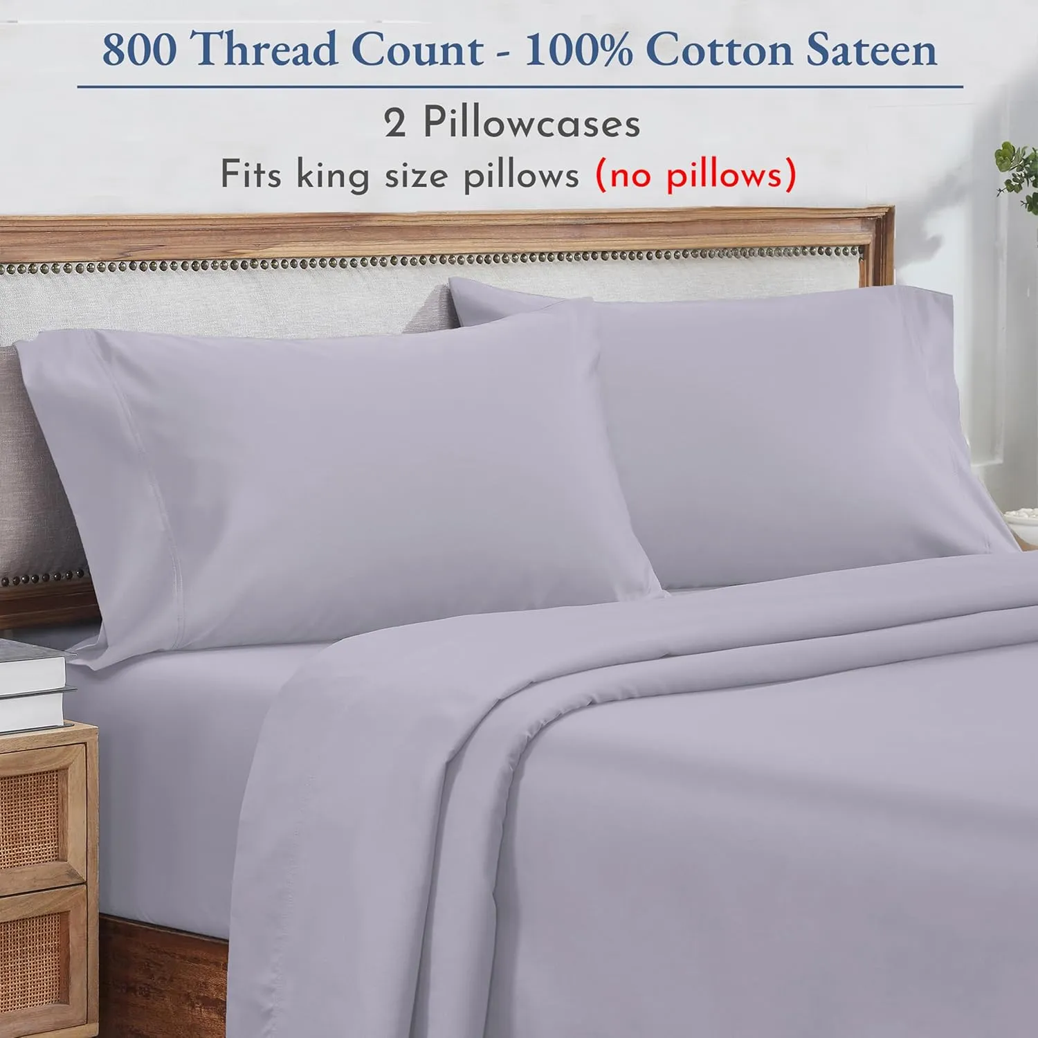 California Design Den 100% Cotton King Size Pillowcases Set of 2, 800 Thread Count, Soft Pillow Covers Sateen, Fits King Size Pillows, Softer Than Egyptian Cotton Pillowcases (Lavender)