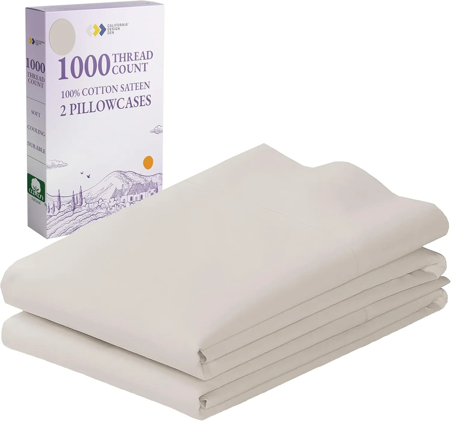 California Design Den 1000 Thread Count Pillow Cases, Soft & Smooth 100% Cotton Sateen Weave Hotel-Quality, Set of 2 Pillow Cases Standard Size Fits Std & Queen Size Pillows (Beige)