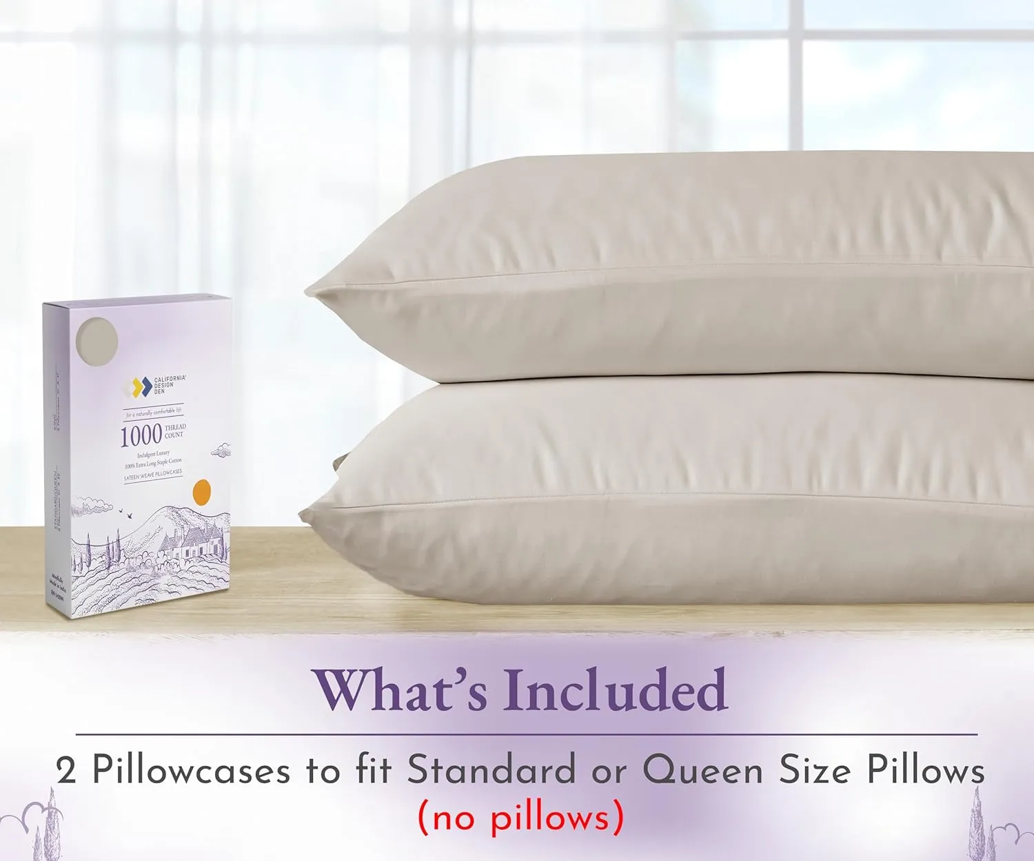 California Design Den 1000 Thread Count Pillow Cases, Soft & Smooth 100% Cotton Sateen Weave Hotel-Quality, Set of 2 Pillow Cases Standard Size Fits Std & Queen Size Pillows (Beige)
