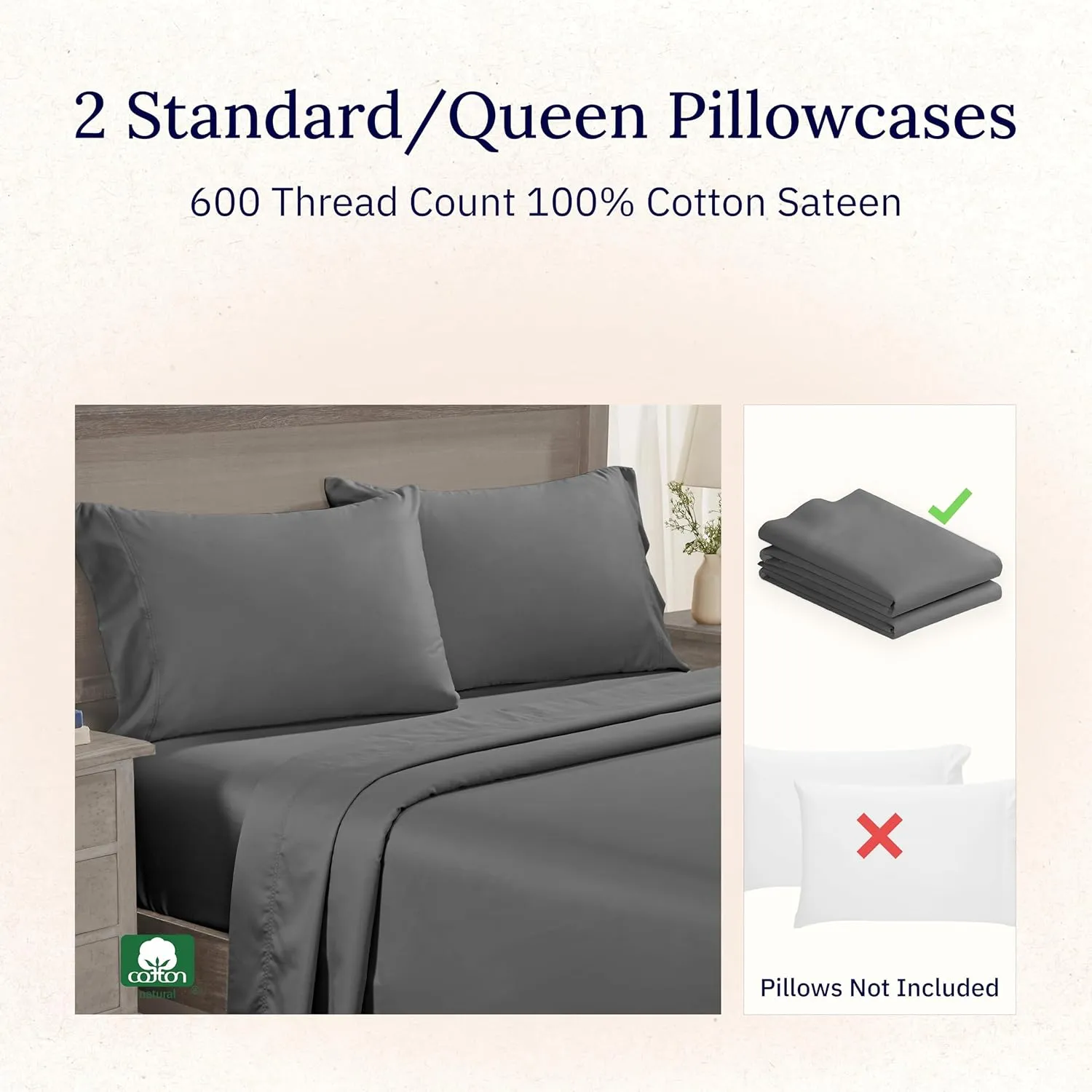 CALIFORNIA DESIGN DEN Luxuriously Soft Hotel Quality 600 Thread Count, 100% Cotton Set of 2 Cases, Crisp & Cool Dark Gray Pillow Cases Standard Fits Standard & Queen Pillows (Dark Gray)