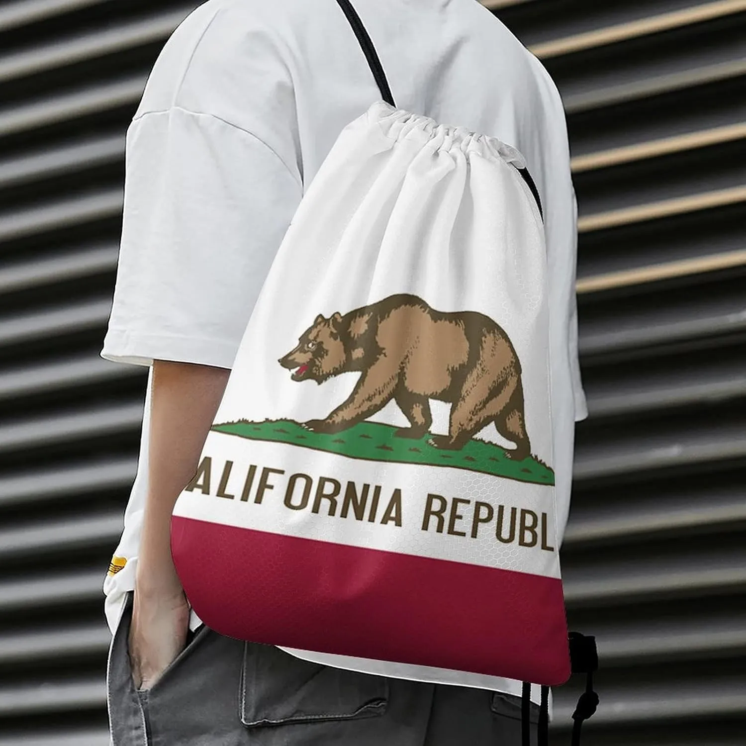California State Flag Drawstring Backpack Sports Gym Sackpack Water Resistant String Bag for Women Men
