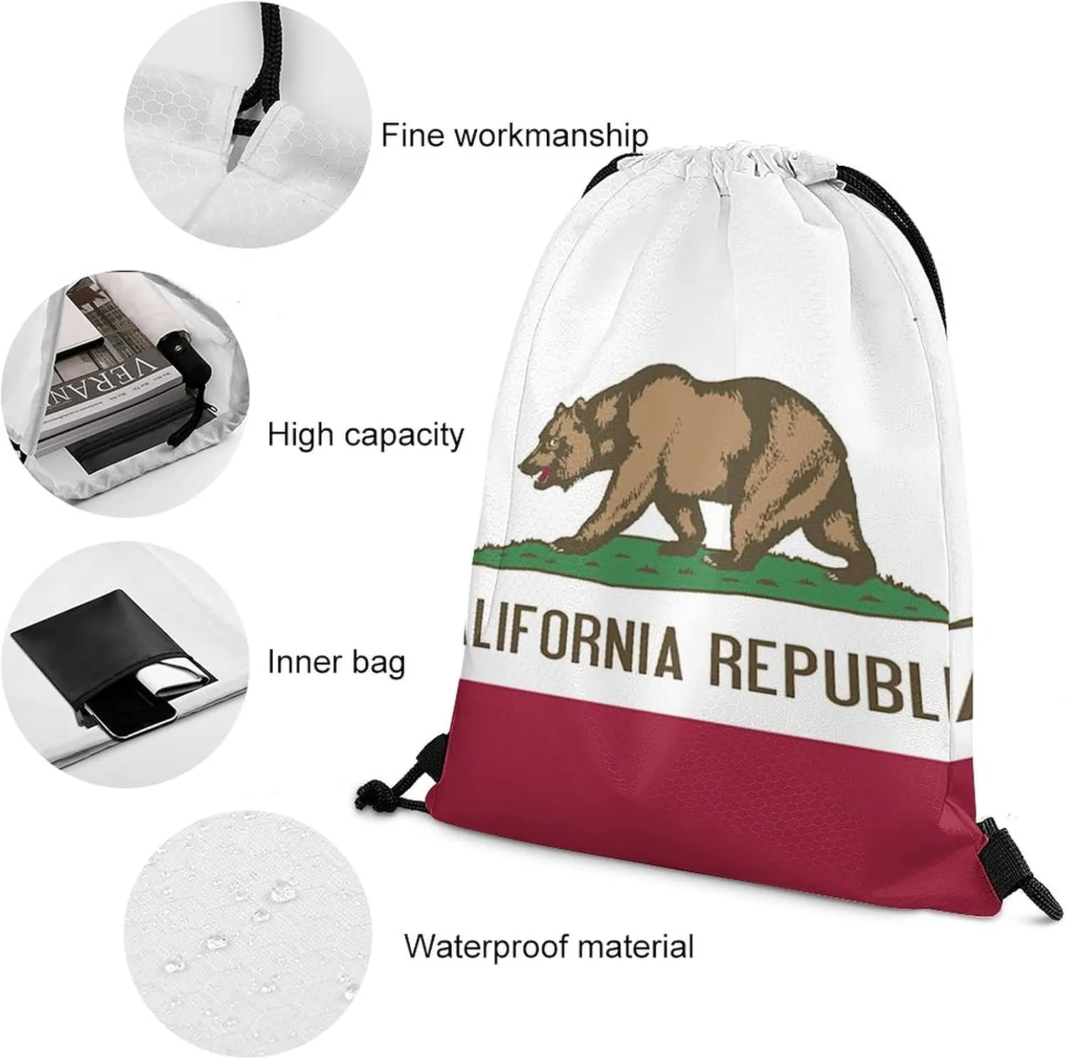 California State Flag Drawstring Backpack Sports Gym Sackpack Water Resistant String Bag for Women Men