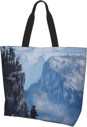 Canadian Smokey Mountain Cliff Printed Large Tote Bag for Women Reusable Shopping Cloth Bags Lightweight Shoulder Bags