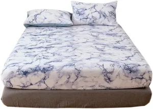 CANDeal 3 Pieces Blue Marble Printed King Size cm Bed Sheet Set, 1 Fitted Sheet and 2 Pillow Cases, Polyester Luxury Bedding with 35CM Deep Pockets