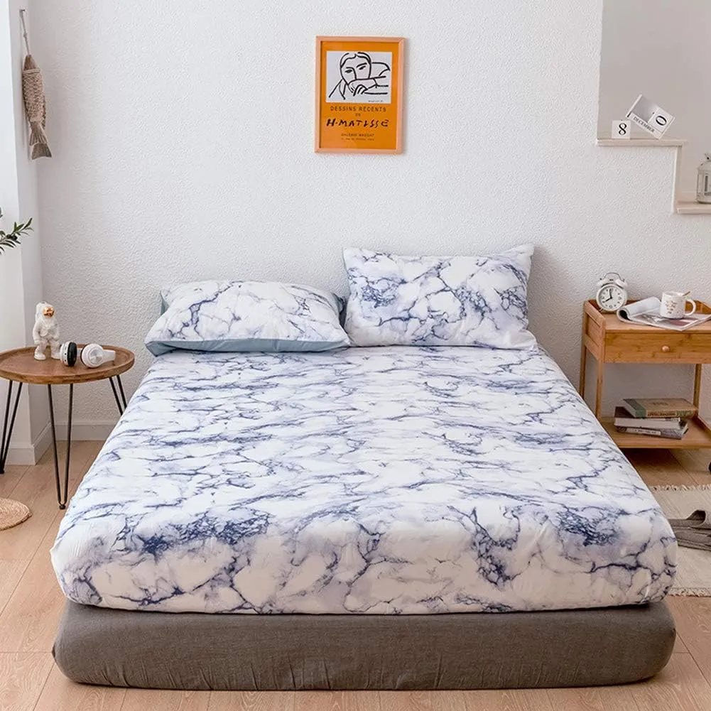 CANDeal 3 Pieces Blue Marble Printed King Size cm Bed Sheet Set, 1 Fitted Sheet and 2 Pillow Cases, Polyester Luxury Bedding with 35CM Deep Pockets