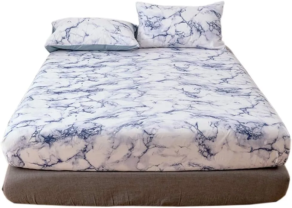 CANDeal 3 Pieces Blue Marble Printed King Size cm Bed Sheet Set, 1 Fitted Sheet and 2 Pillow Cases, Polyester Luxury Bedding with 35CM Deep Pockets