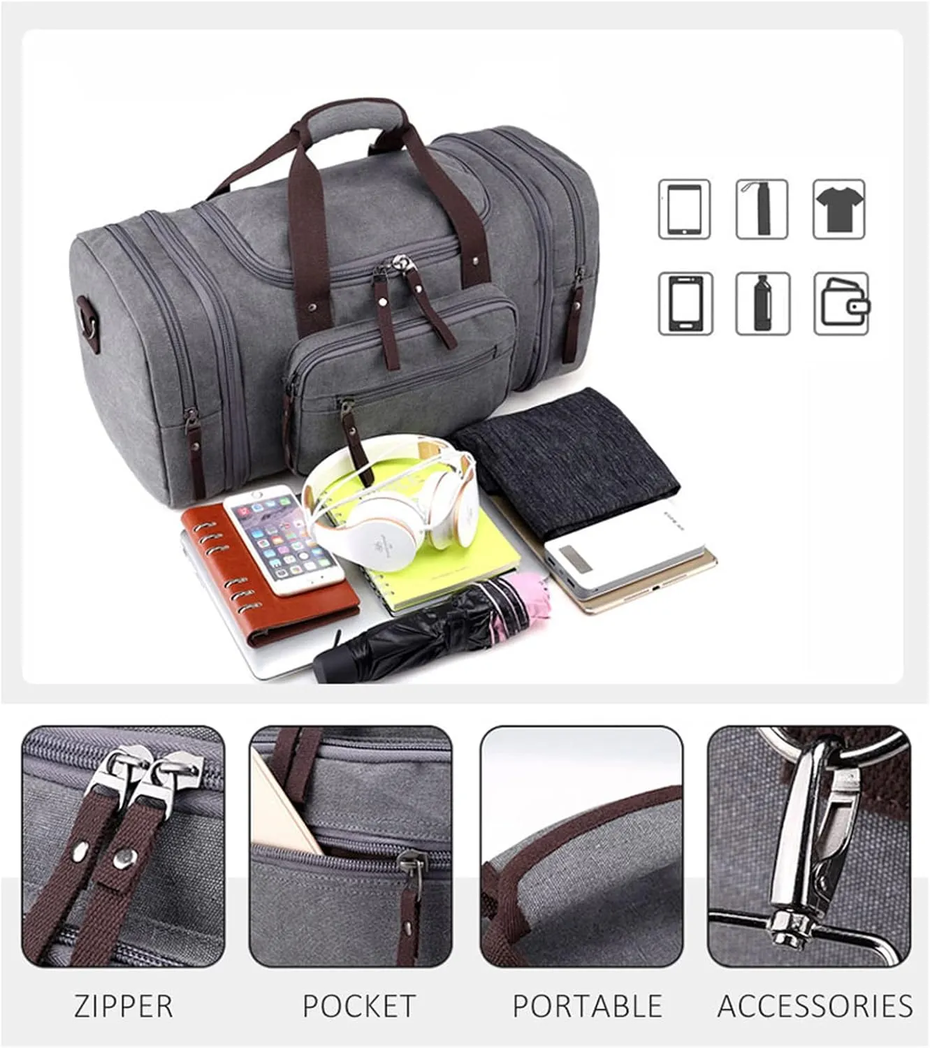 Canvas Duffle Bag for Travel 50L Large Duffel Bag for Men Women, Overnight Weekender Carry on Laptop Bag Outdoor Portable Soft Dense Durable (Coffee)