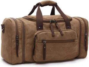 Canvas Duffle Bag for Travel 50L Large Duffel Bag for Men Women, Overnight Weekender Carry on Laptop Bag Outdoor Portable Soft Dense Durable (Coffee)