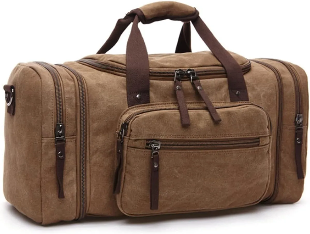 Canvas Duffle Bag for Travel 50L Large Duffel Bag for Men Women, Overnight Weekender Carry on Laptop Bag Outdoor Portable Soft Dense Durable (Coffee)