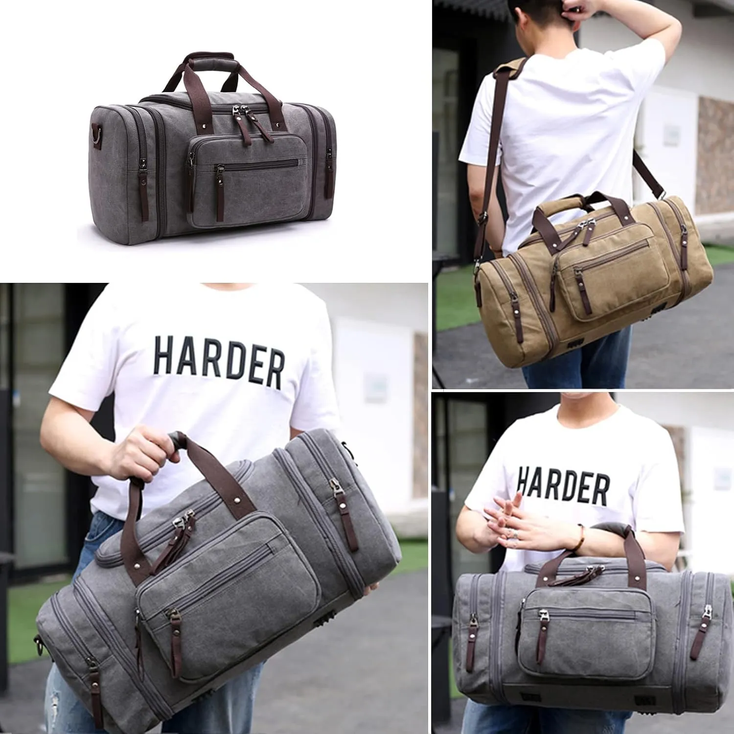 Canvas Duffle Bag for Travel 50L Large Duffel Bag for Men Women, Overnight Weekender Carry on Laptop Bag Outdoor Portable Soft Dense Durable (Coffee)