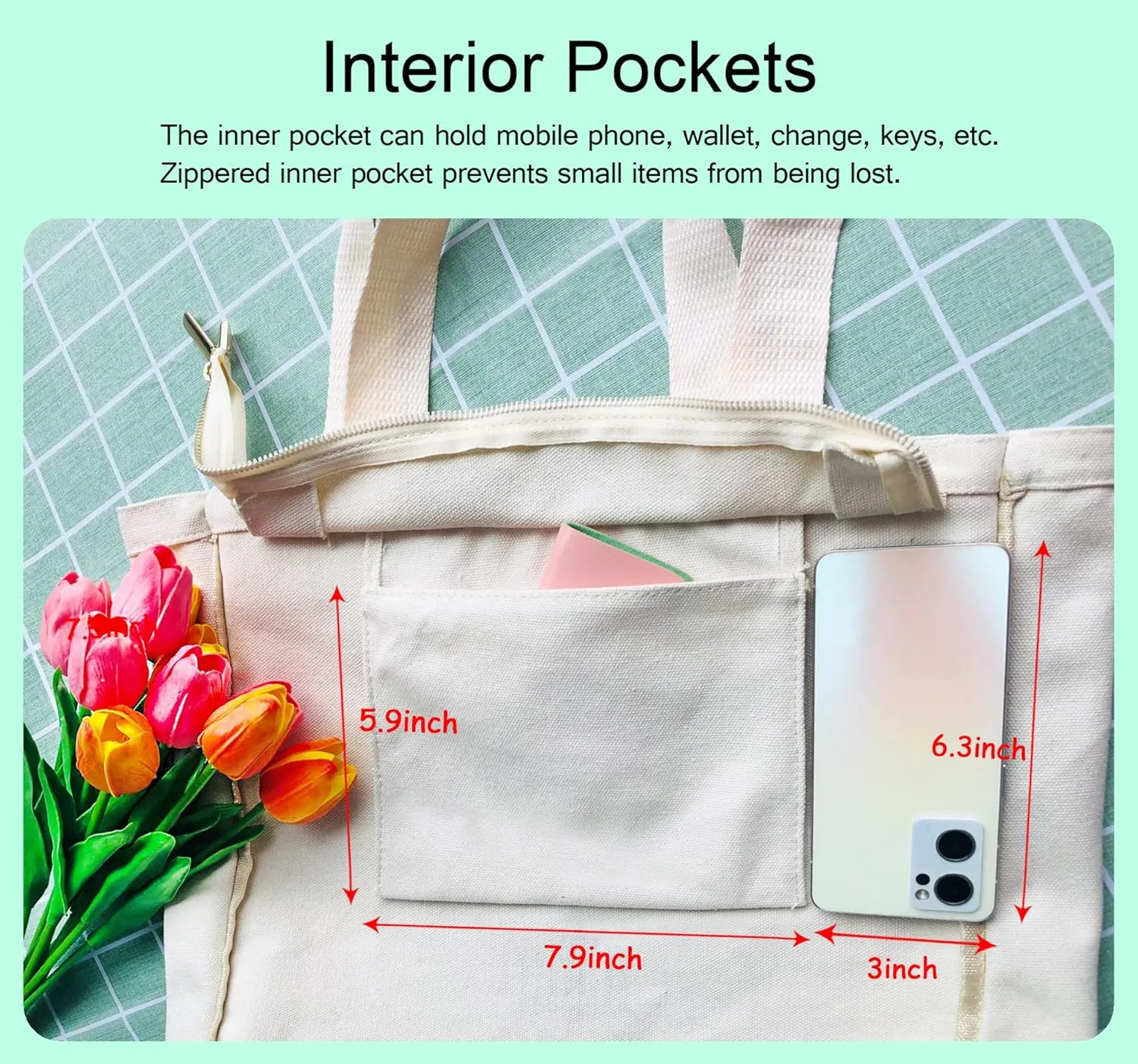 Canvas Tote Bag Aesthetic Tote Bag with Zipper Interior Pocket Shoulder Tote Bags for Women Shopping