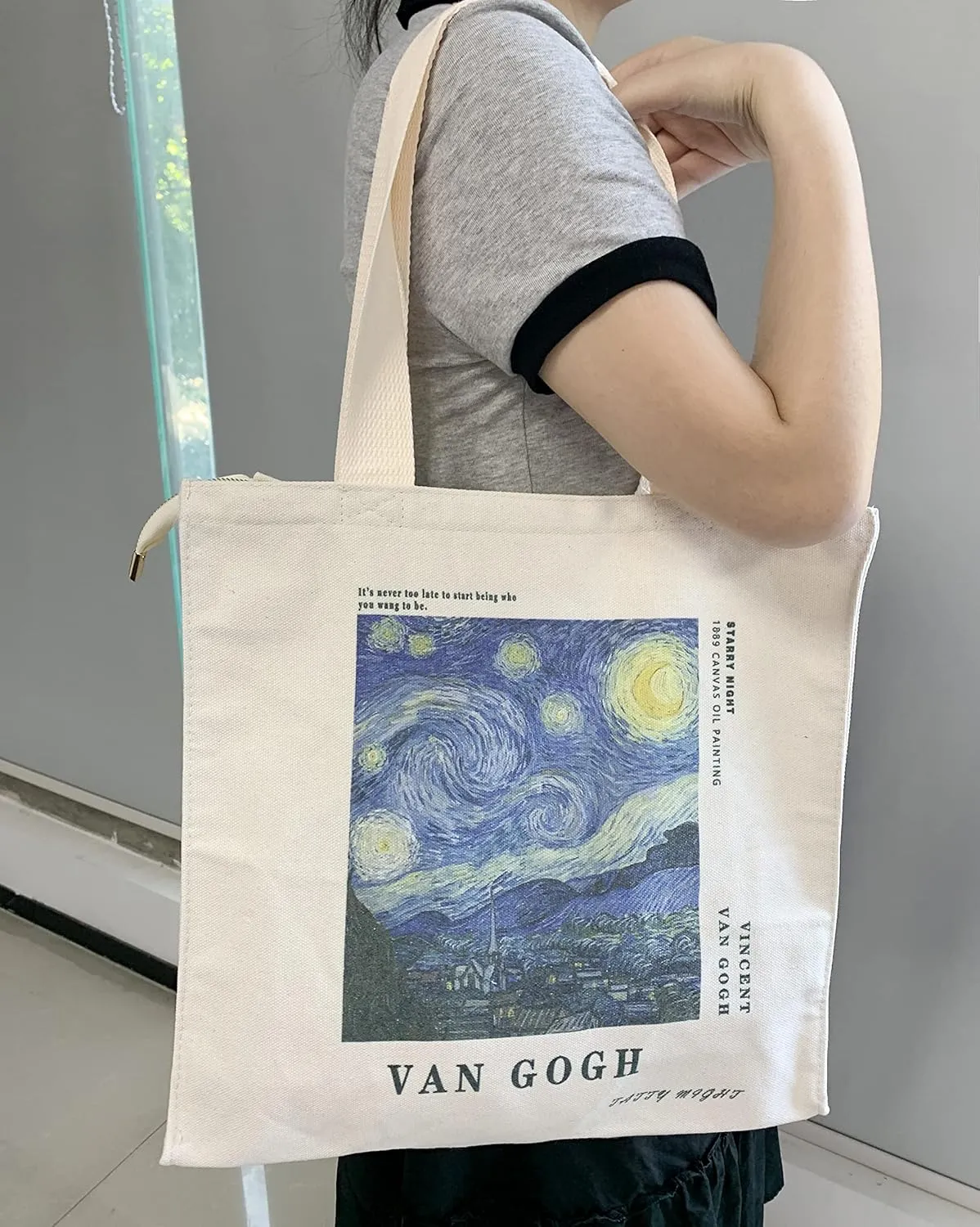 Canvas Tote Bag Aesthetic Tote Bag with Zipper Interior Pocket Shoulder Tote Bags for Women Shopping
