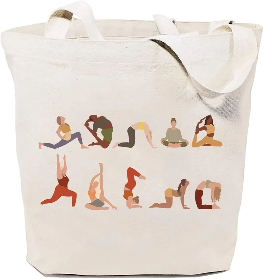 Canvas Tote Bag for Women Aesthetic Yoga Positions Print Reusable Grocery Shoulder Bags for Shopping Travel Beach Gym