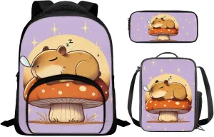 Capybara Backpack for Girls Preschool Lightweight Bookbag with Lunch Box and Pencil Case 3PCS School Back Pack Set for Little Boys Picnic Travel or Hiking Casual Daypack