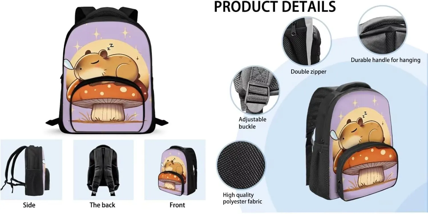 Capybara Backpack for Girls Preschool Lightweight Bookbag with Lunch Box and Pencil Case 3PCS School Back Pack Set for Little Boys Picnic Travel or Hiking Casual Daypack