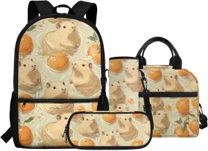 Capybara Backpack for Girls with Lunch Box Orange Kids Bookbag Girls 5 Years Old Lightweight Kids School Backpack Perfect for School, Camping