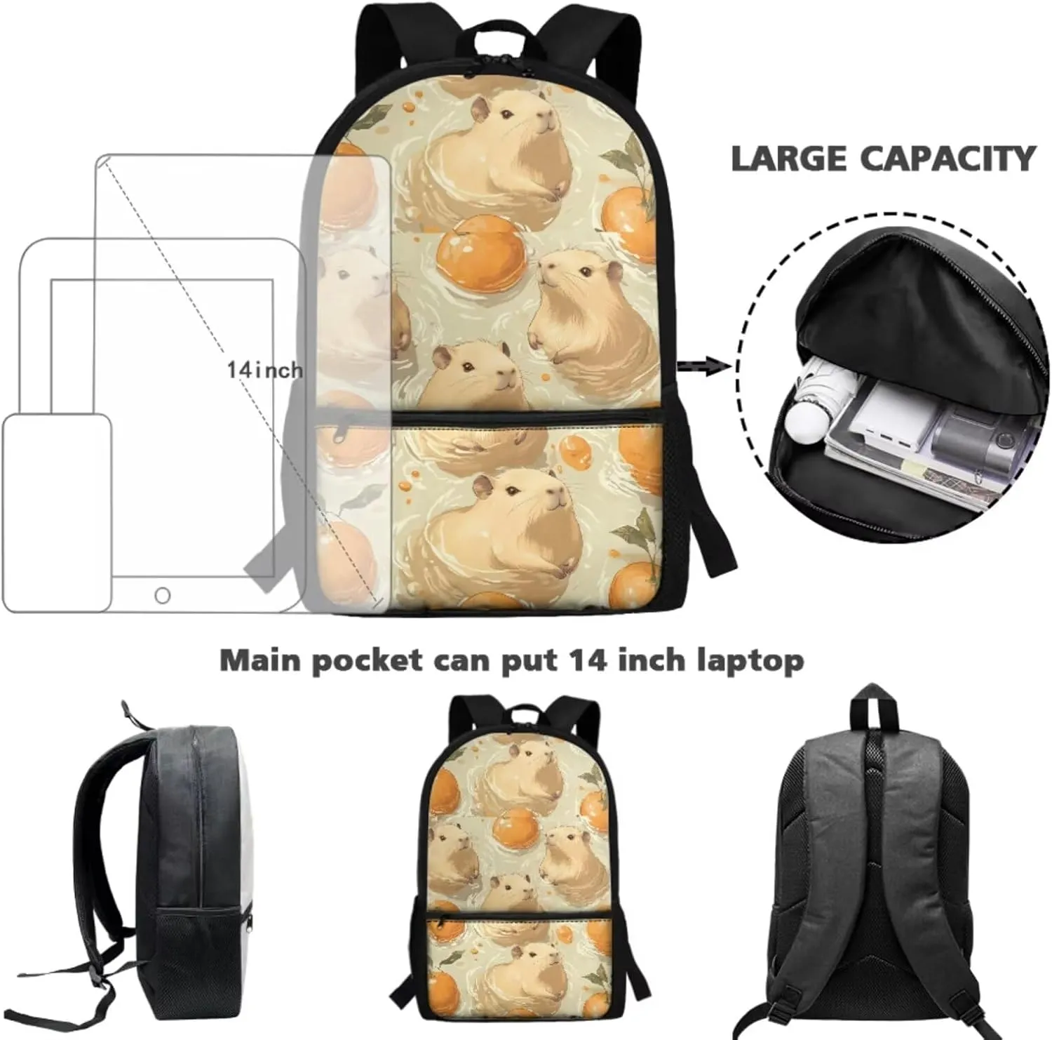 Capybara Backpack for Girls with Lunch Box Orange Kids Bookbag Girls 5 Years Old Lightweight Kids School Backpack Perfect for School, Camping