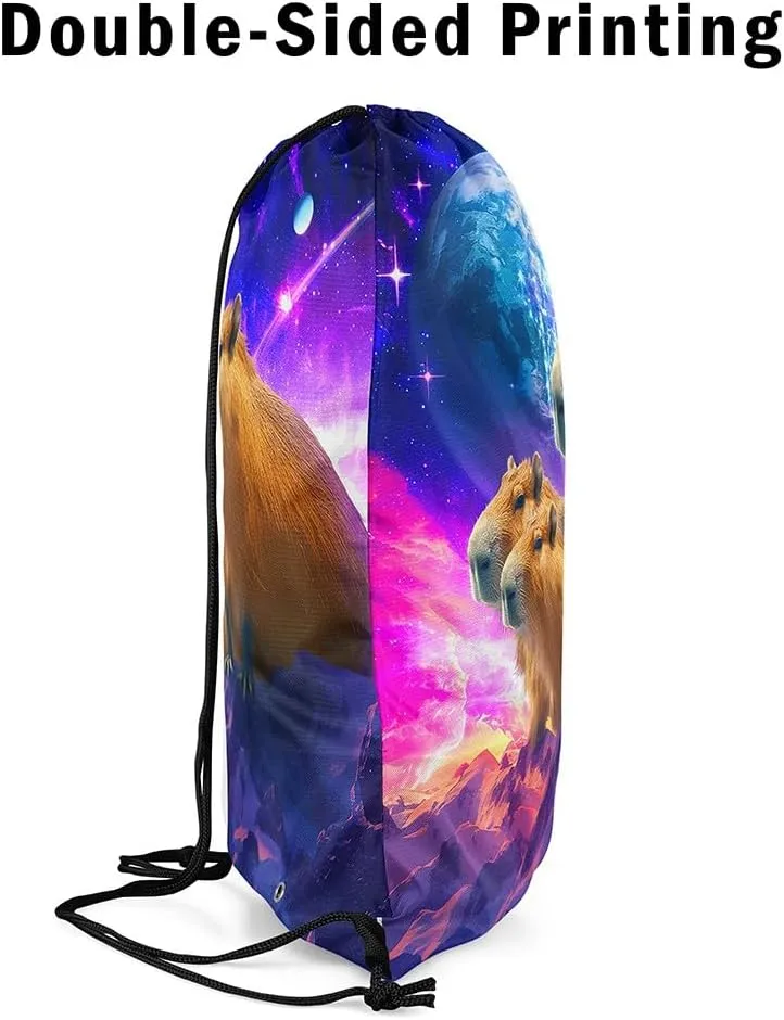 Capybaras Drawstring Backpack,Funny Rodent Animals Reversible Drawstring Bags 13X15.7,Cute Pet Capybaras String Backpack,Galaxy Starry Moon Beach Draw String Back Bag