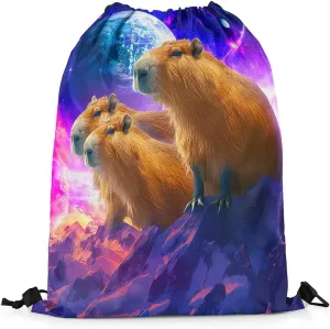 Capybaras Drawstring Backpack,Funny Rodent Animals Reversible Drawstring Bags 13X15.7,Cute Pet Capybaras String Backpack,Galaxy Starry Moon Beach Draw String Back Bag