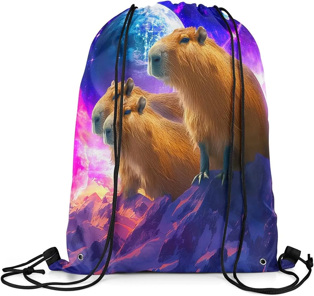 Capybaras Drawstring Backpack,Funny Rodent Animals Reversible Drawstring Bags 13X15.7,Cute Pet Capybaras String Backpack,Galaxy Starry Moon Beach Draw String Back Bag