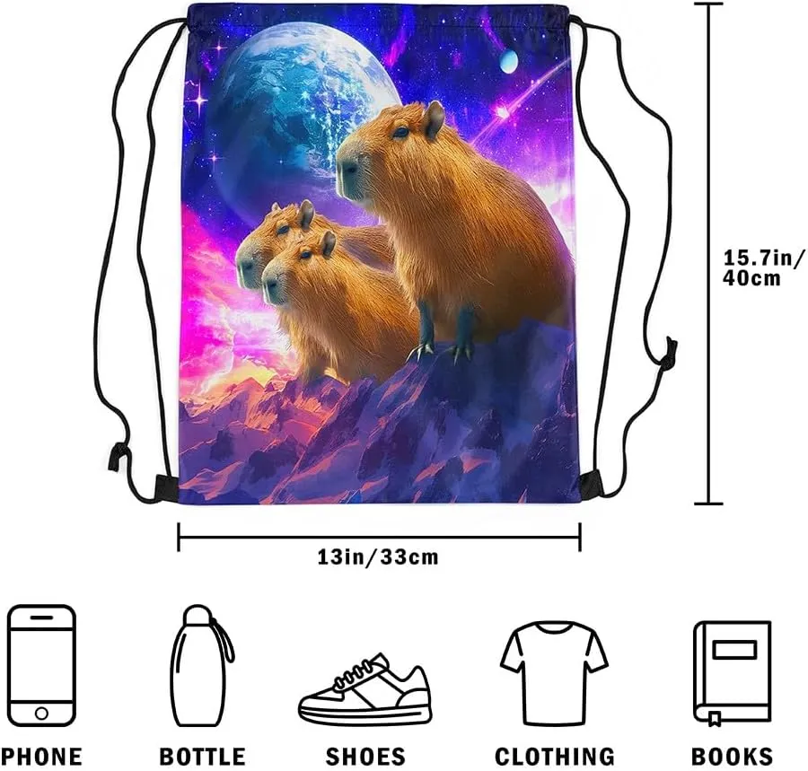 Capybaras Drawstring Backpack,Funny Rodent Animals Reversible Drawstring Bags 13X15.7,Cute Pet Capybaras String Backpack,Galaxy Starry Moon Beach Draw String Back Bag