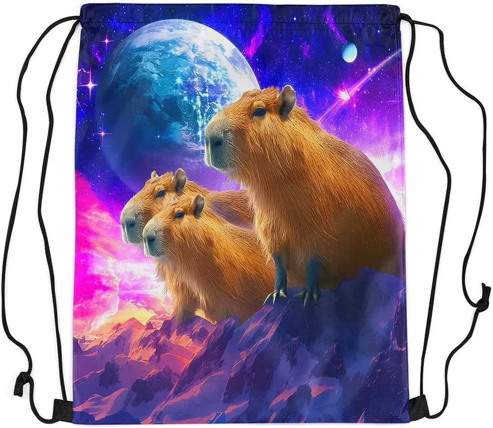 Capybaras Drawstring Backpack,Funny Rodent Animals Reversible Drawstring Bags 13X15.7,Cute Pet Capybaras String Backpack,Galaxy Starry Moon Beach Draw String Back Bag