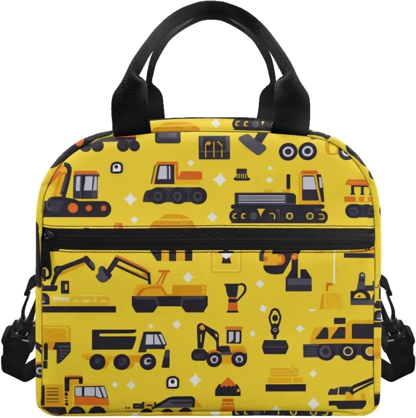 Car Print Boys Lunch Bag Yellow School Lunchbag Cooler Keep Food Fresh Reusable Lunchbox Pouch with Detachable Shoulder Strap for Toddlers