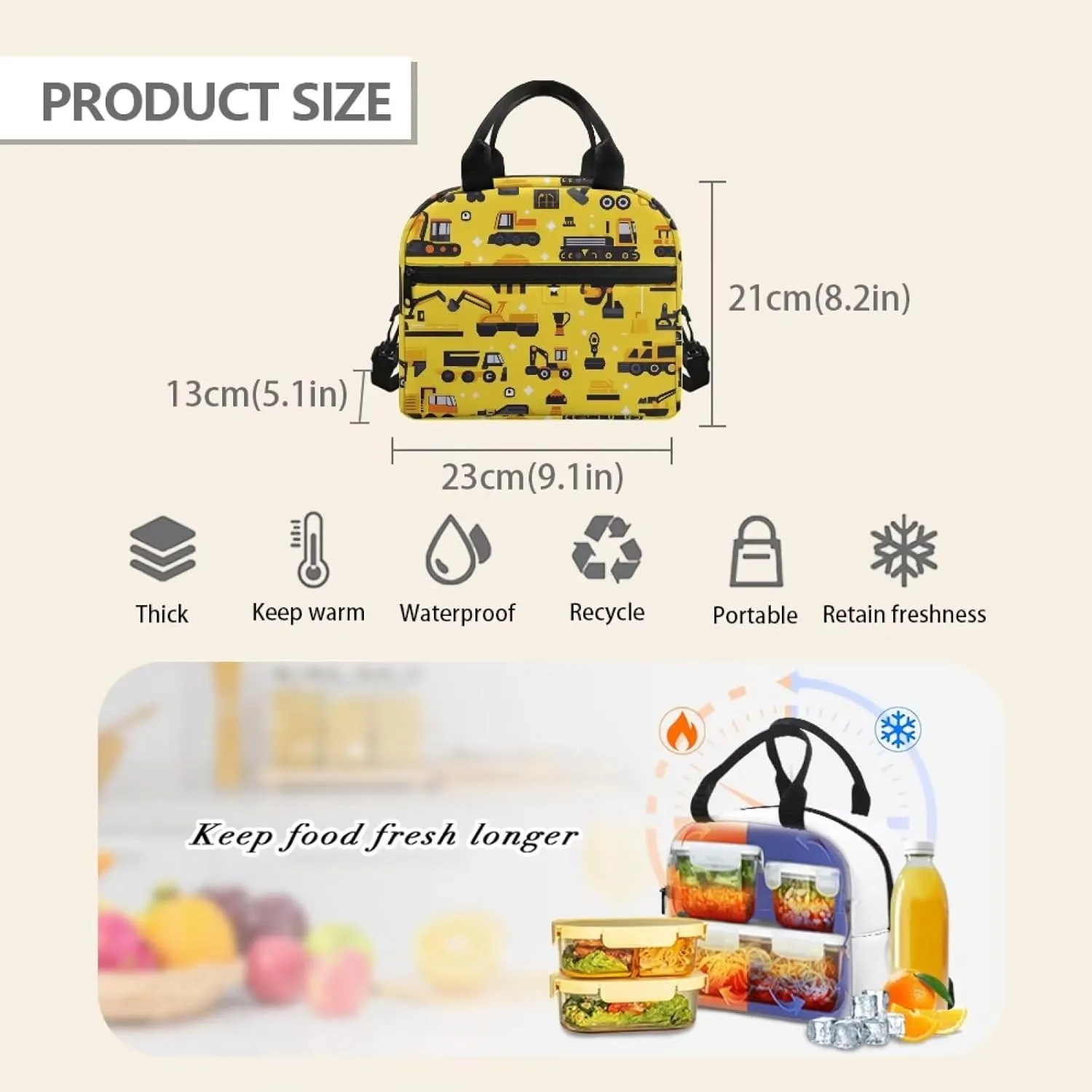 Car Print Boys Lunch Bag Yellow School Lunchbag Cooler Keep Food Fresh Reusable Lunchbox Pouch with Detachable Shoulder Strap for Toddlers