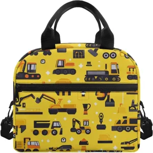 Car Print Boys Lunch Bag Yellow School Lunchbag Cooler Keep Food Fresh Reusable Lunchbox Pouch with Detachable Shoulder Strap for Toddlers