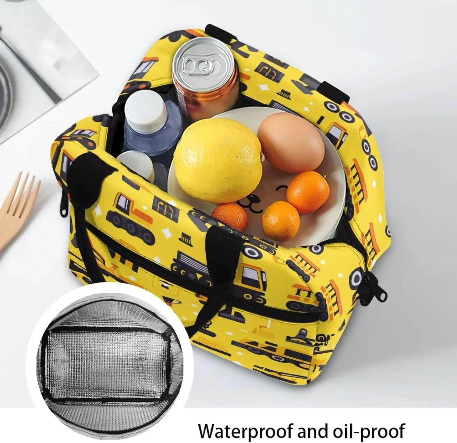 Car Print Boys Lunch Bag Yellow School Lunchbag Cooler Keep Food Fresh Reusable Lunchbox Pouch with Detachable Shoulder Strap for Toddlers