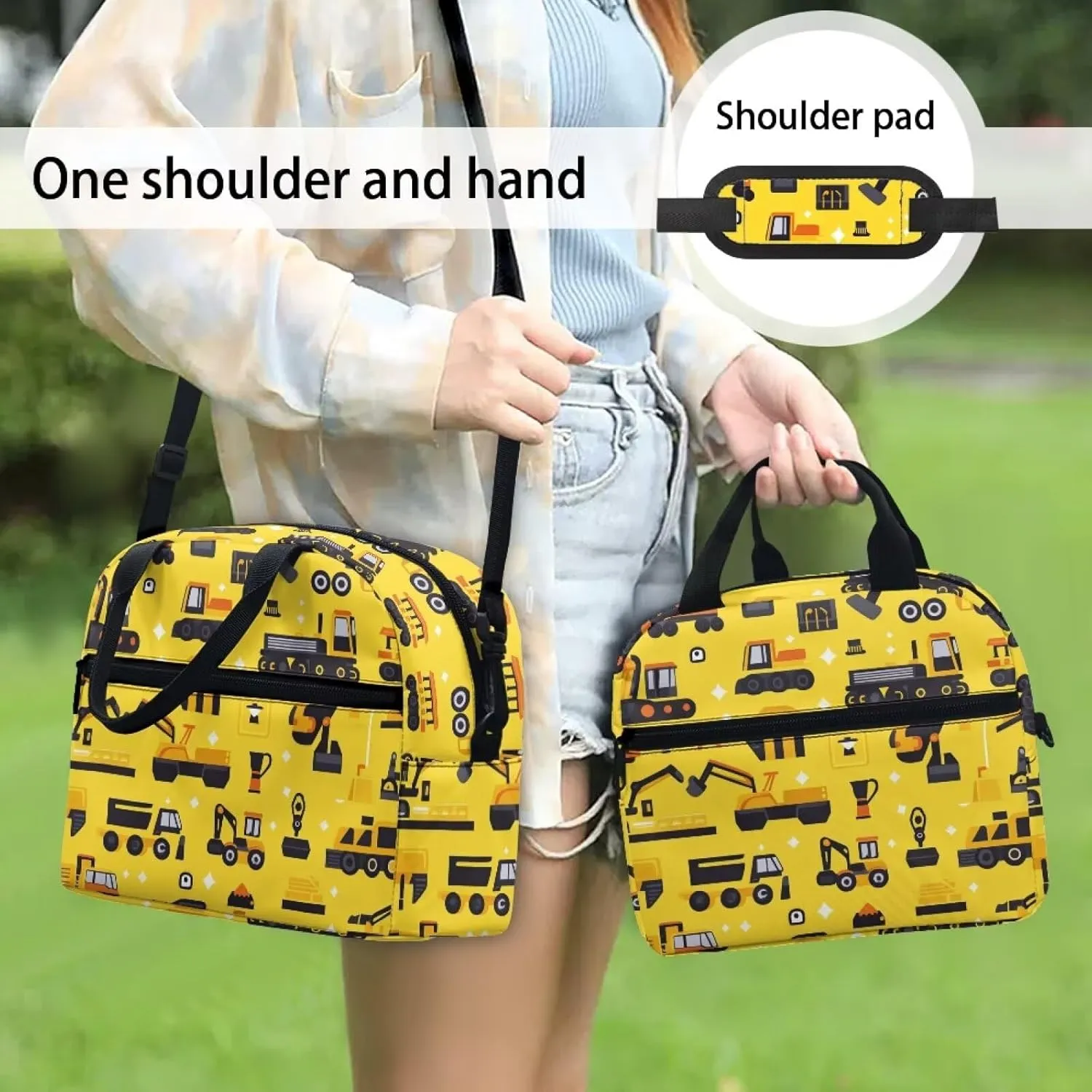 Car Print Boys Lunch Bag Yellow School Lunchbag Cooler Keep Food Fresh Reusable Lunchbox Pouch with Detachable Shoulder Strap for Toddlers