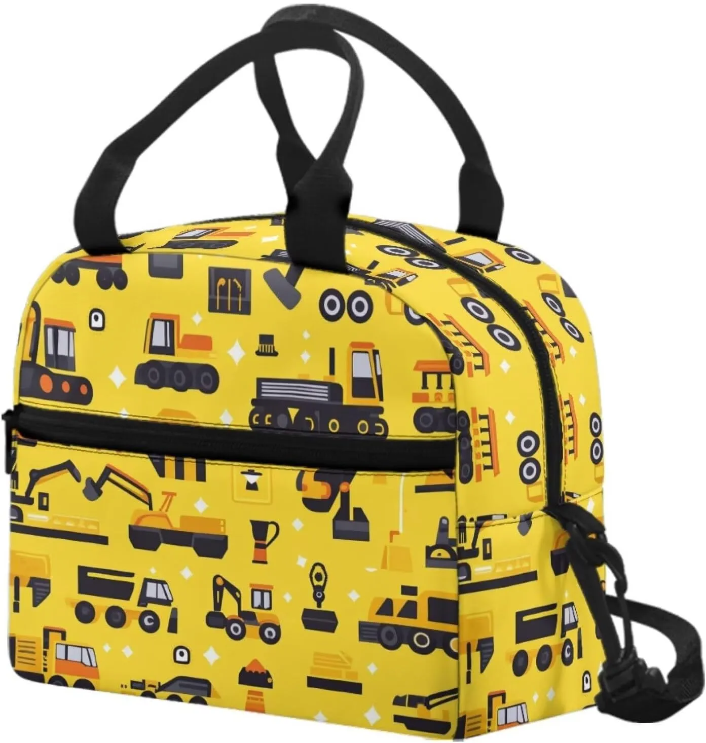 Car Print Boys Lunch Bag Yellow School Lunchbag Cooler Keep Food Fresh Reusable Lunchbox Pouch with Detachable Shoulder Strap for Toddlers