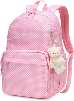Caran·Y Kids Backpack Waterproof Lightweight School Bag for Girls & Boys Ages 6-18-Spacious Travel Backpack with Multi-Pocket Design Includes Bear Plush Toy Gift-Classic Style 30L(Pink Dots)