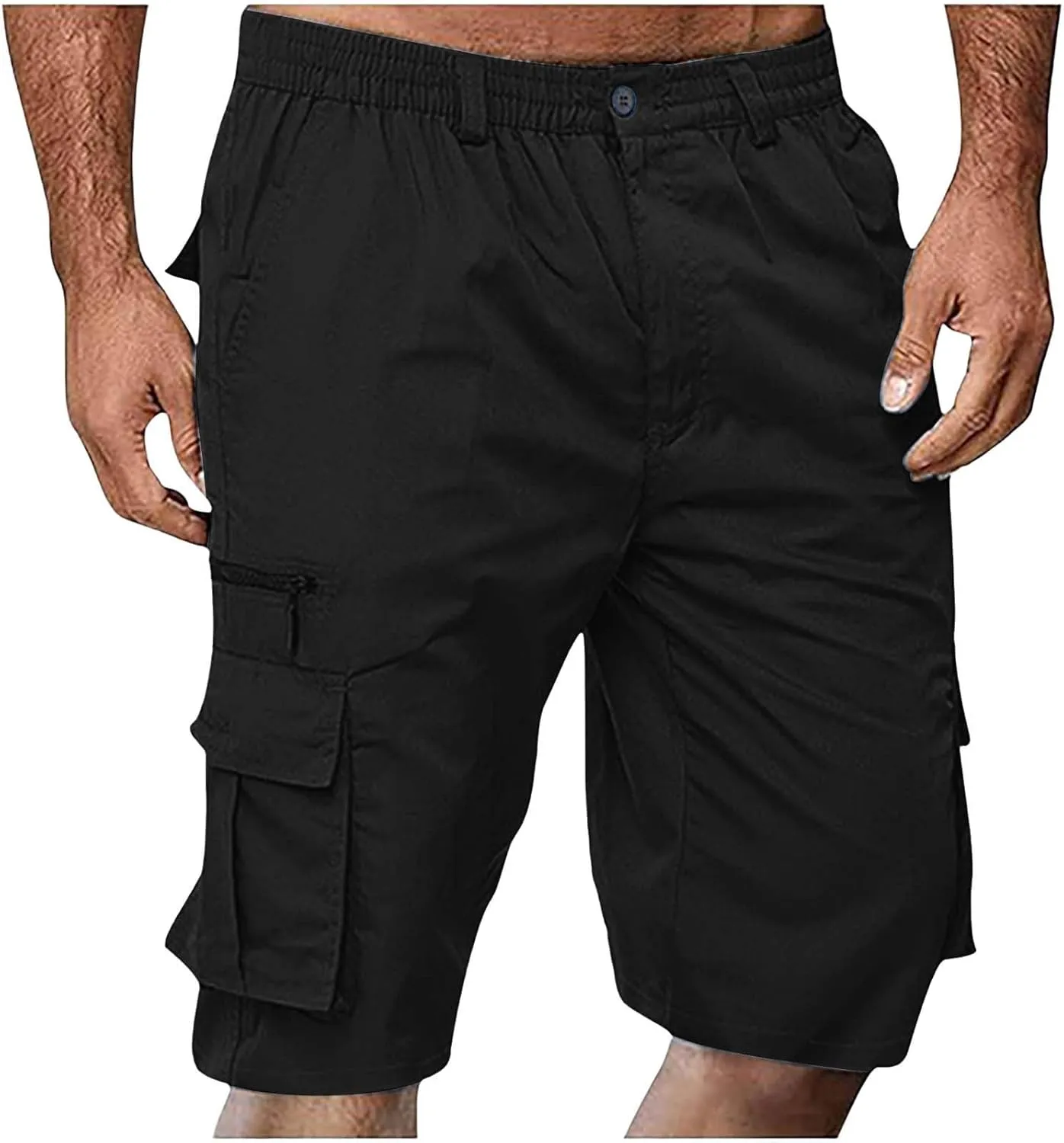 Cargo Shorts for Men Casual Summer Hiking Shorts Elastic Waist Knee Length Big and Tall Bermuda Shorts with Pockets