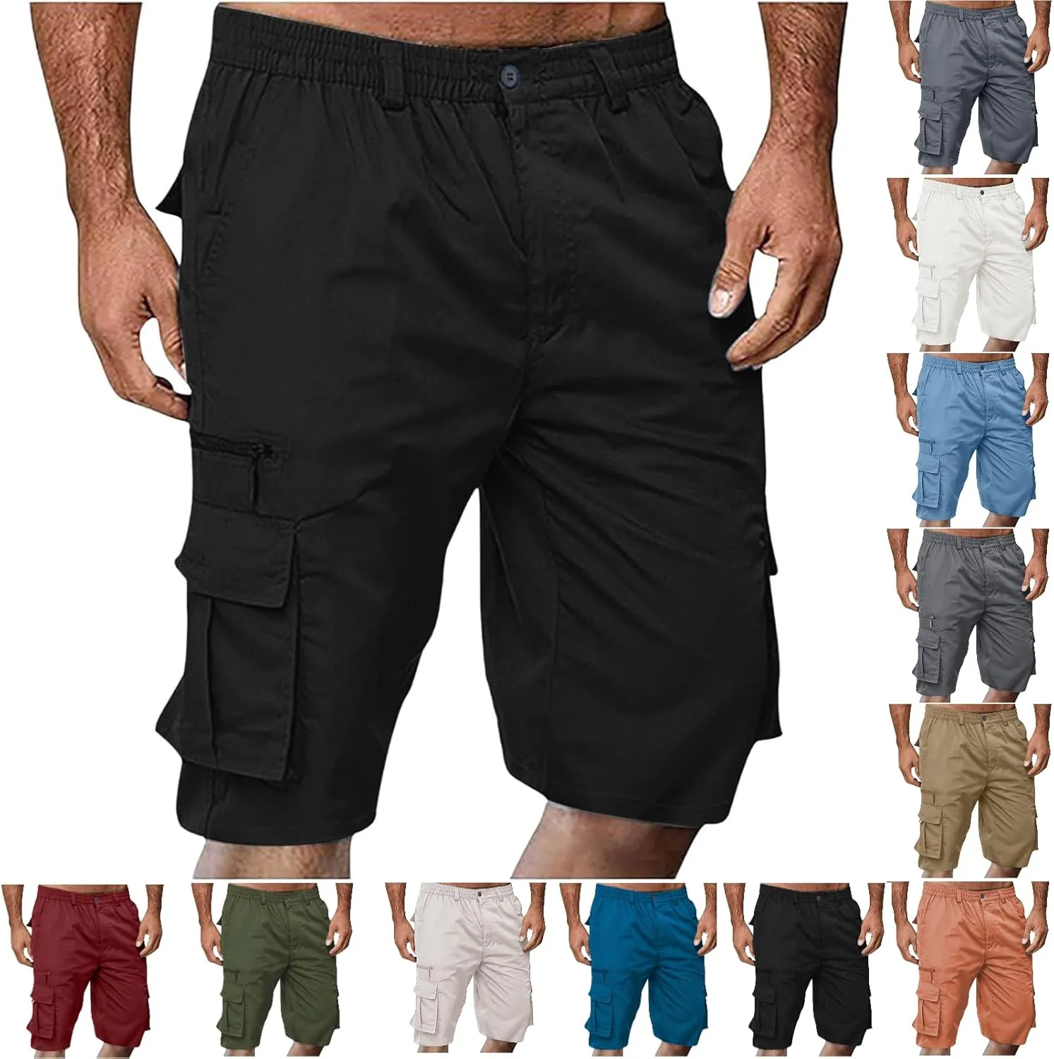 Cargo Shorts for Men Casual Summer Hiking Shorts Elastic Waist Knee Length Big and Tall Bermuda Shorts with Pockets