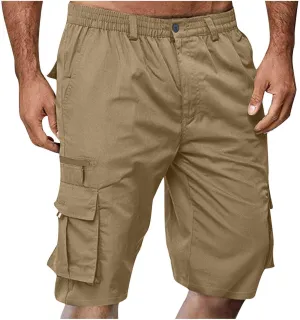 Cargo Shorts for Men Casual Summer Hiking Shorts Elastic Waist Knee Length Big and Tall Bermuda Shorts with Pockets