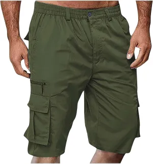 Cargo Shorts for Men Casual Summer Hiking Shorts Elastic Waist Knee Length Big and Tall Bermuda Shorts with Pockets
