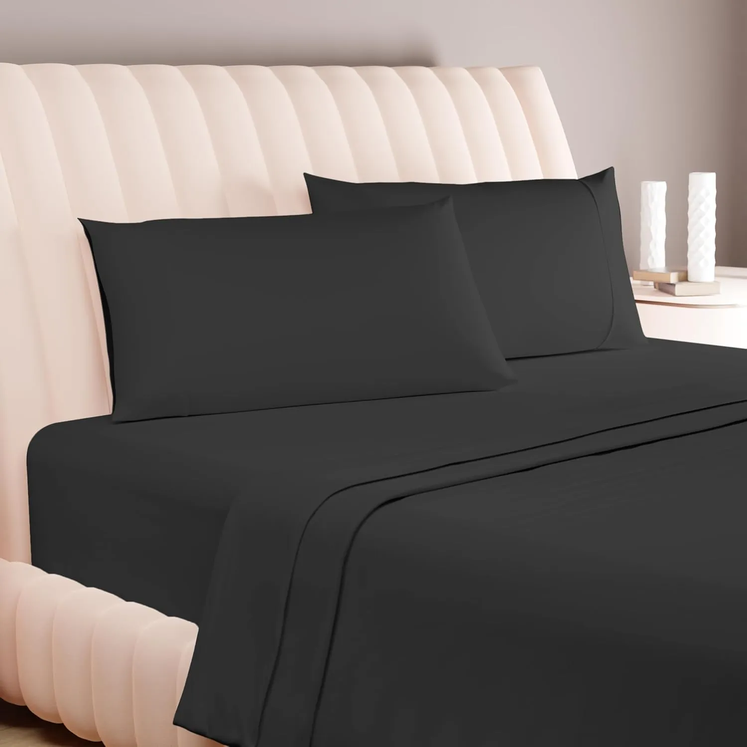 Carressa Linen 100% Egyptian Cotton Twin Size Sheet Set - 3 PC 600 Thread Count Egyptian Cotton Sheets Set for Twin Size Bed (Black), Soft, Cooling, Luxury Hotel 16" Deep Pocket Sateen Bedsheet