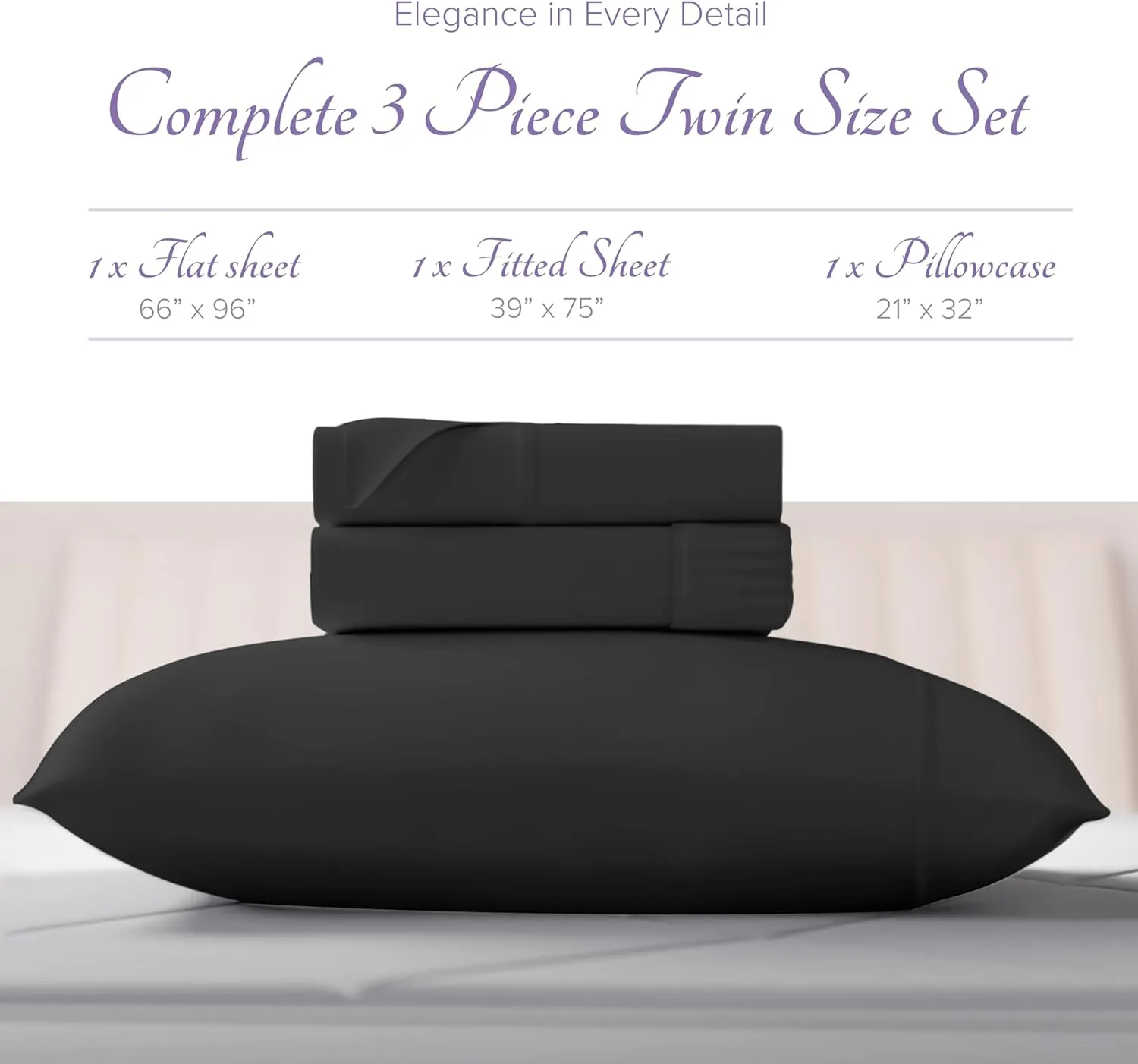 Carressa Linen 100% Egyptian Cotton Twin Size Sheet Set - 3 PC 600 Thread Count Egyptian Cotton Sheets Set for Twin Size Bed (Black), Soft, Cooling, Luxury Hotel 16" Deep Pocket Sateen Bedsheet