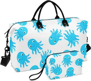 Cartoon Blue Octopus Sports Gym Bag for Women Men Travel Duffel Bag Weekend Overnight Carry on Bag with Toiletry Bag Air Travel Bag for Hospital Plane Swimming Yoga Workout