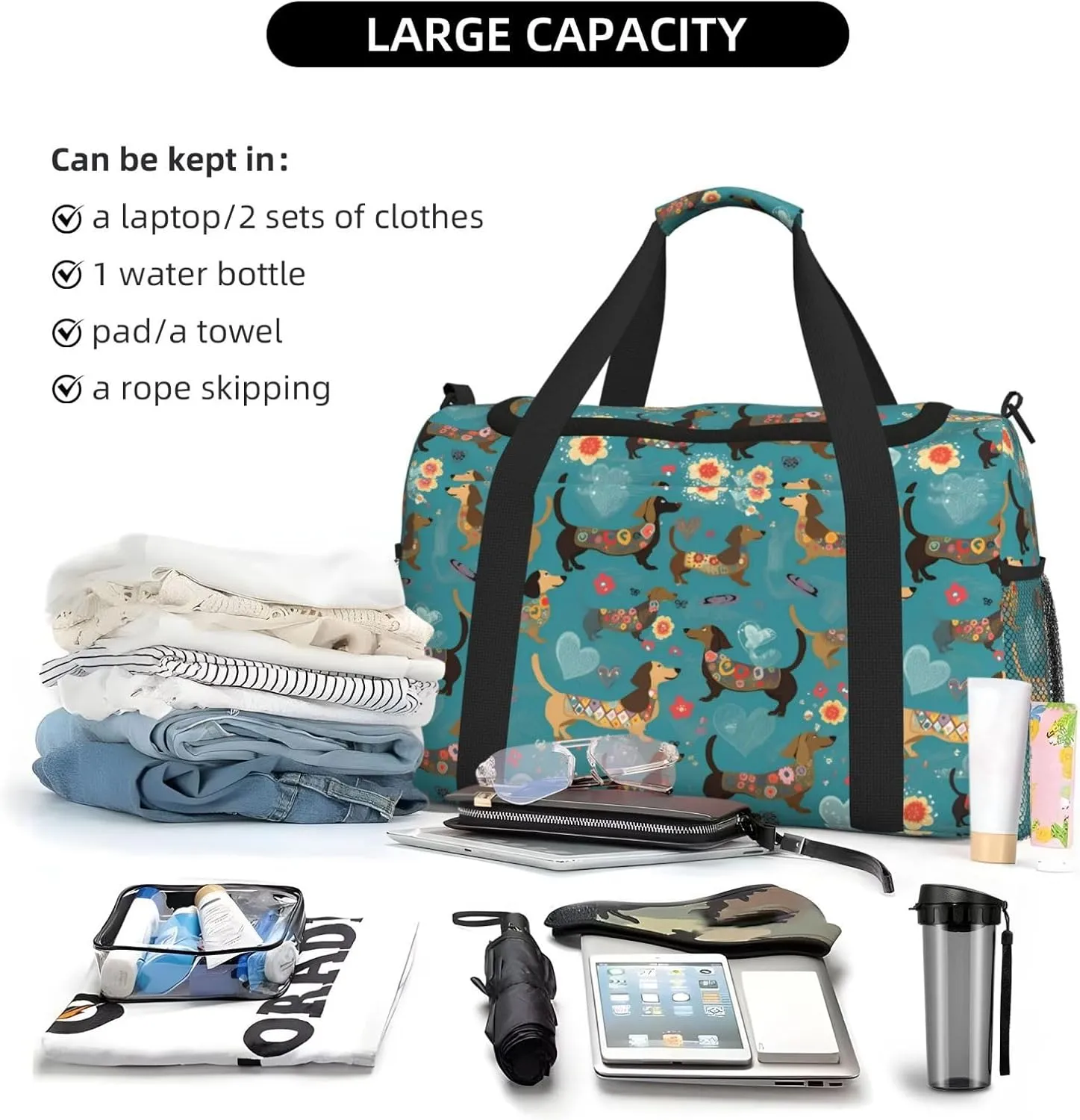 Cartoon Dachshund Dog Travel Weekender Overnight Bags Foldable Hand Travel Bag Sport Gym Duffel Bag For Men Women