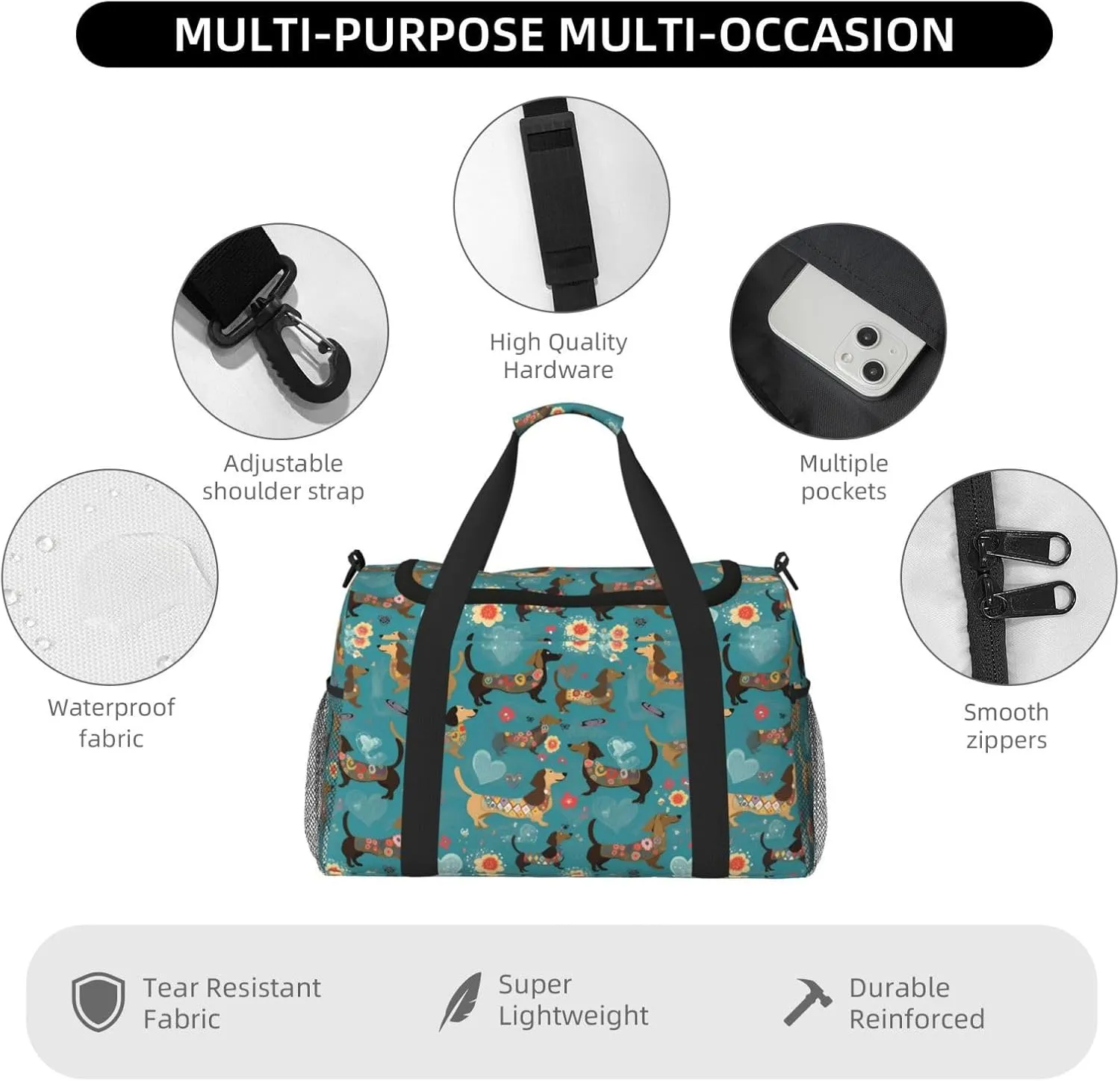 Cartoon Dachshund Dog Travel Weekender Overnight Bags Foldable Hand Travel Bag Sport Gym Duffel Bag For Men Women