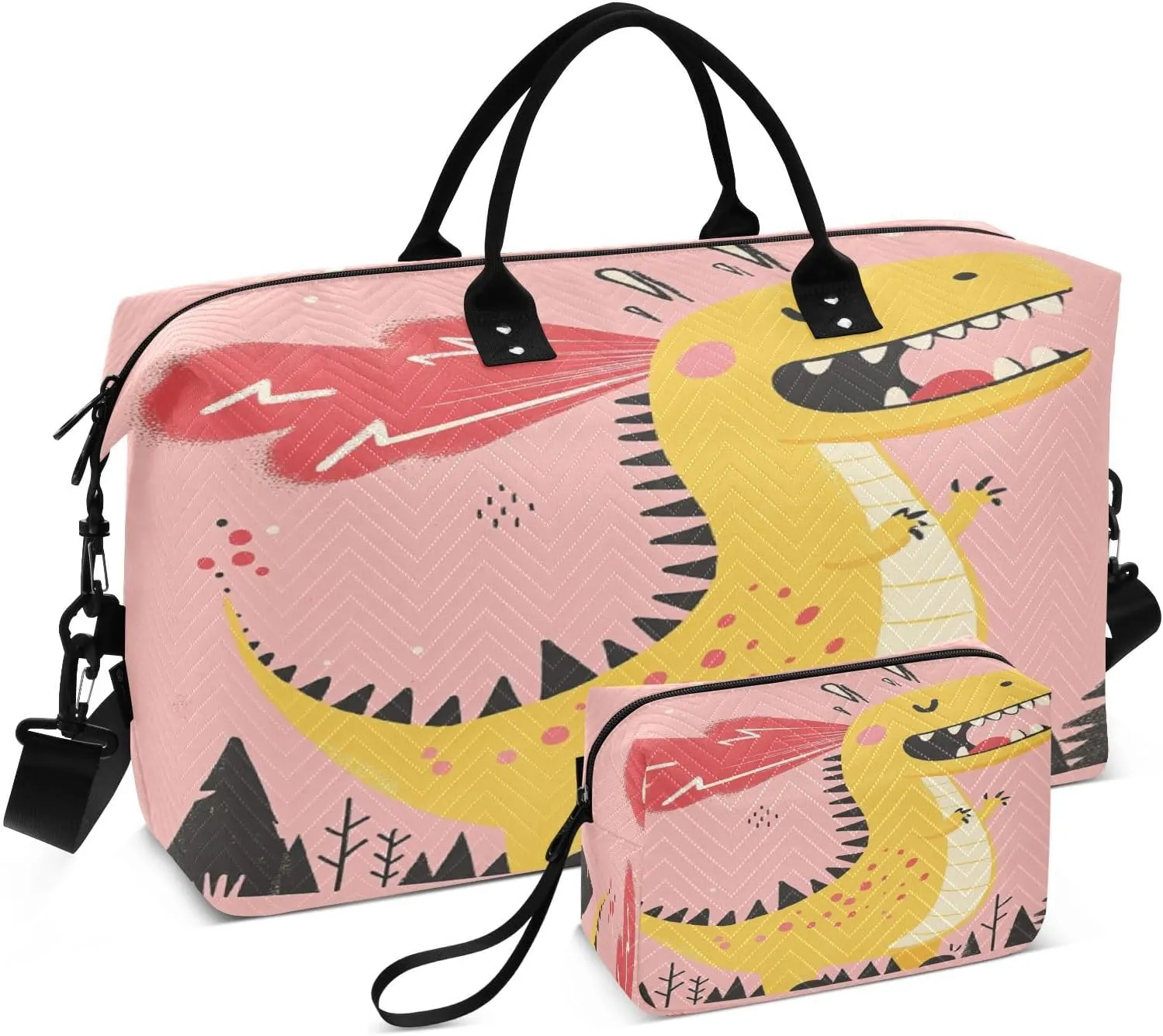 Cartoon Dinosaur Fire Sports Gym Bag for Women Men Travel Duffel Bag Weekend Overnight Carry on Bag with Toiletry Bag Training Handbag for Plane Hospital Swimming Yoga Workout