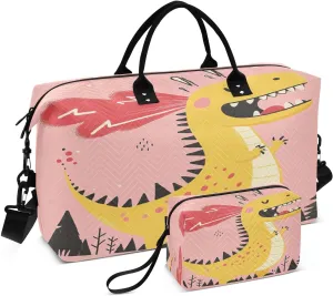 Cartoon Dinosaur Fire Sports Gym Bag for Women Men Travel Duffel Bag Weekend Overnight Carry on Bag with Toiletry Bag Training Handbag for Plane Hospital Swimming Yoga Workout